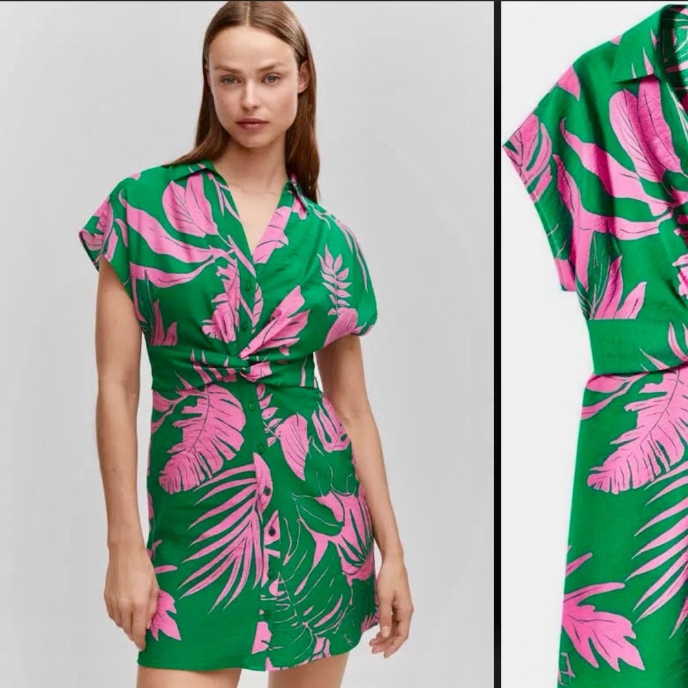 Mango mini dress in pink and green print size extra small